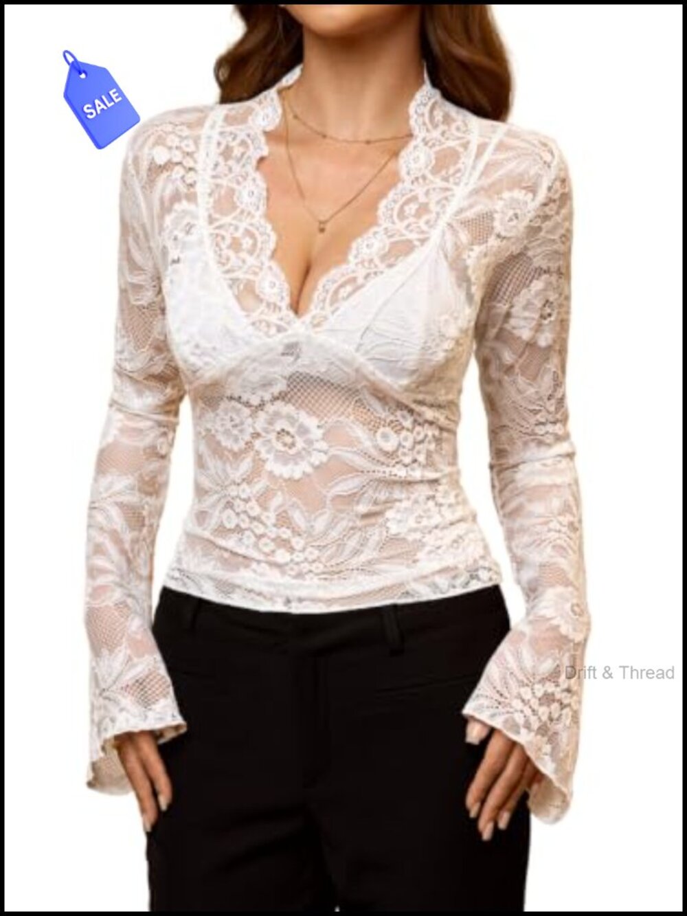 Sheer Lace Crop Top Women's V Neck Bell Sleeve Blouse
